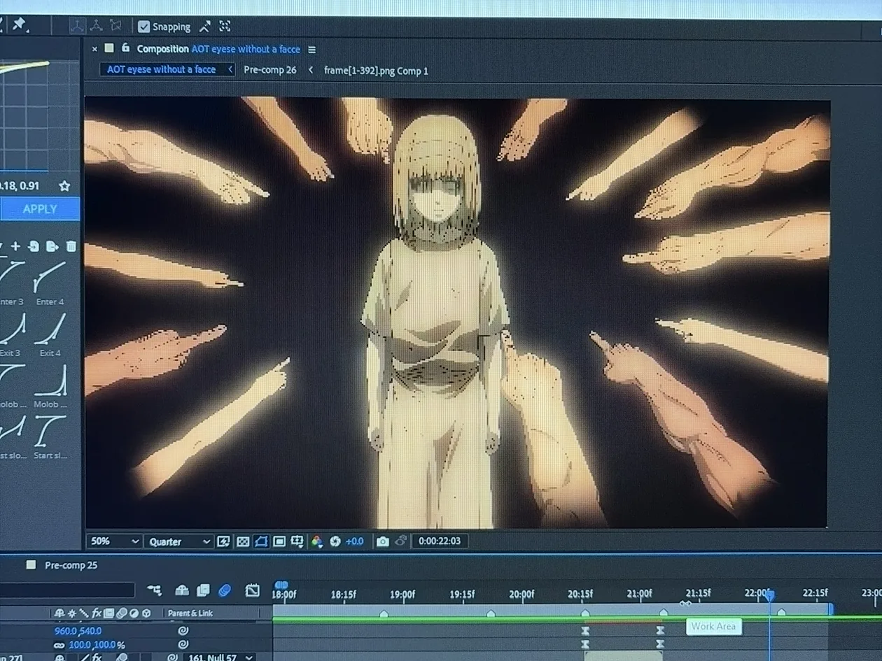 After Effects composition for the AOT edit, timeline and keyframes below the preview