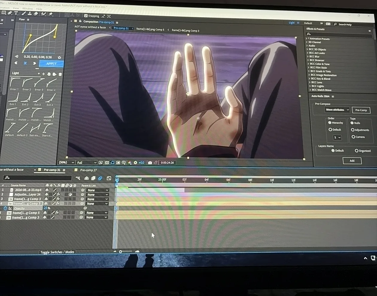 The Flow panel open on a custom easing curve, 0.20 0.60 0.96 0.56, beside a composited hand shot