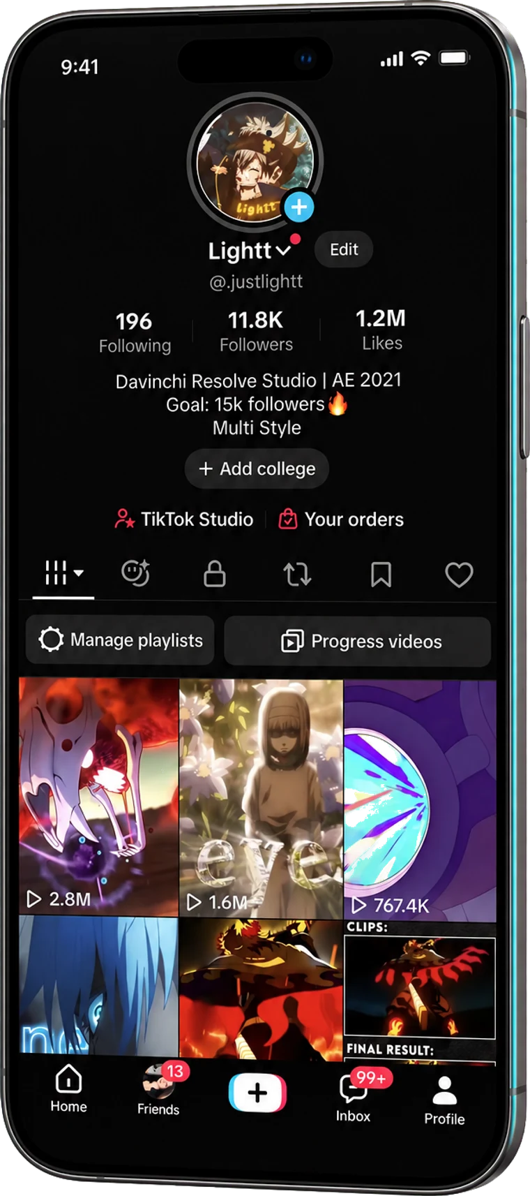 TikTok profile for @.justlightt showing 11.9K followers, 1.3M likes, and a post grid led by 2.8M views