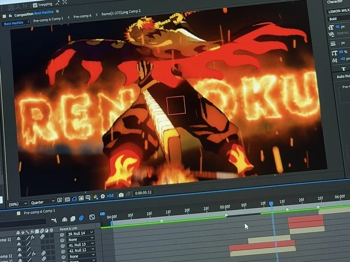 After Effects composition for the Rengoku edit, fire-lettered title over the character