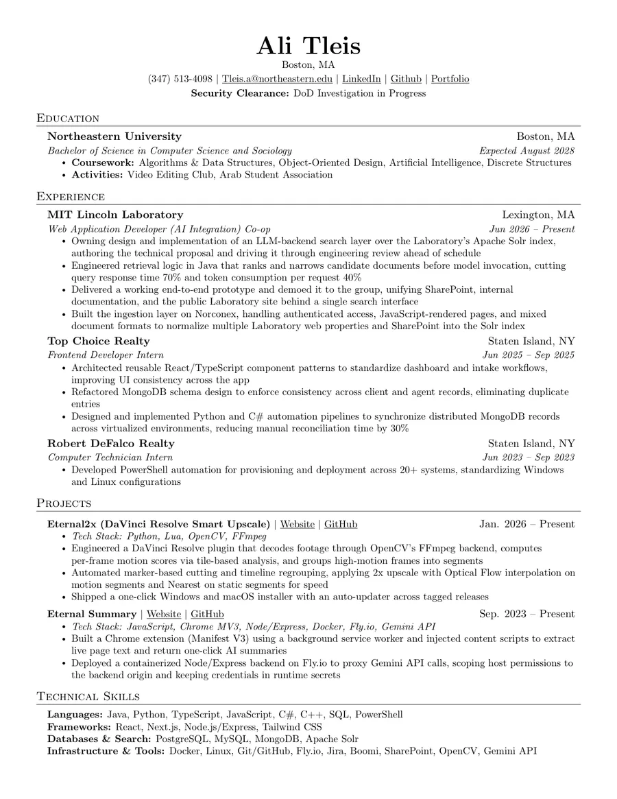 Page one of Ali Tleis's resume